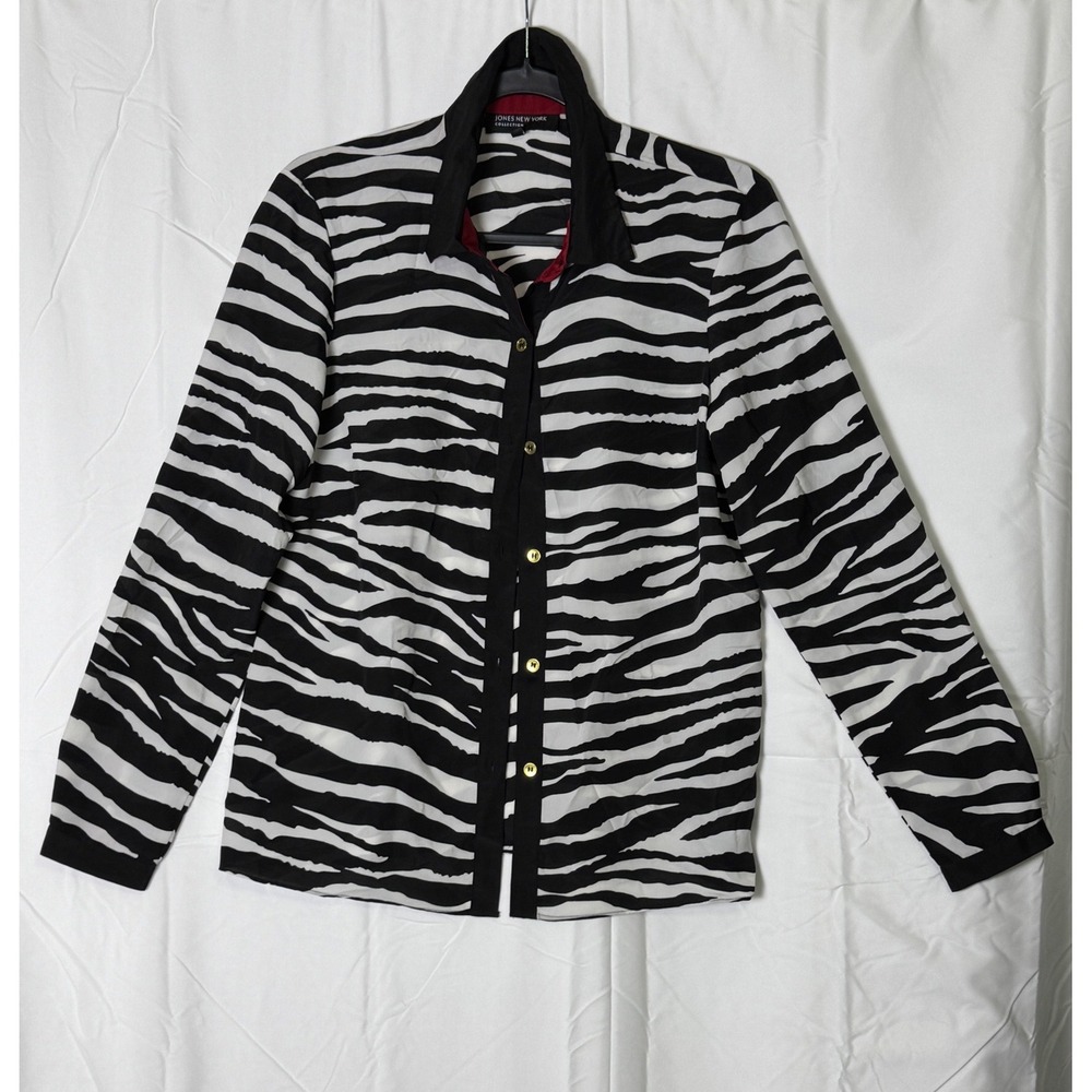 Jones New York Zebra Print Button Up Blouse Black White Gold Buttons 8